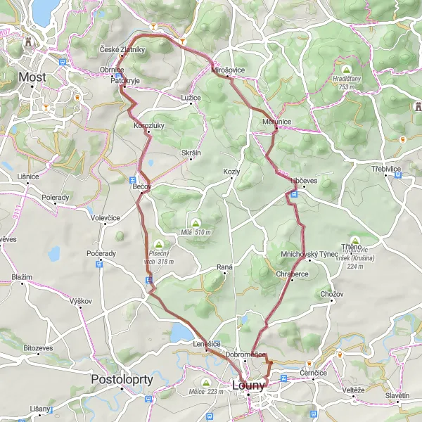 Mapa miniatúra "Podél kopcovitých cest okolo Loun" cyklistická inšpirácia v Severozápad, Czech Republic. Vygenerované cyklistickým plánovačom trás Tarmacs.app