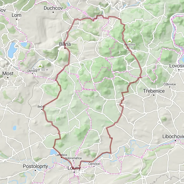 Map miniature of "Historic Gravel Ride from Louny" cycling inspiration in Severozápad, Czech Republic. Generated by Tarmacs.app cycling route planner