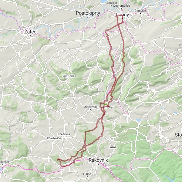 Miniaturní mapa "Gravelová cesta kolem Loun s výhledem na Líšťany" inspirace pro cyklisty v oblasti Severozápad, Czech Republic. Vytvořeno pomocí plánovače tras Tarmacs.app