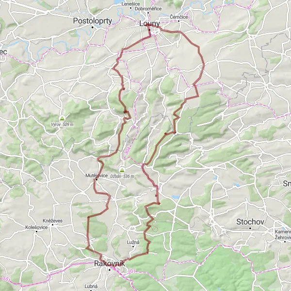 Map miniature of "Louny Gravel Challenge" cycling inspiration in Severozápad, Czech Republic. Generated by Tarmacs.app cycling route planner