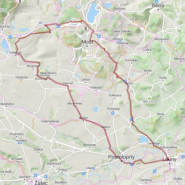 Map miniature of "Picturesque Gravel Tour near Louny" cycling inspiration in Severozápad, Czech Republic. Generated by Tarmacs.app cycling route planner