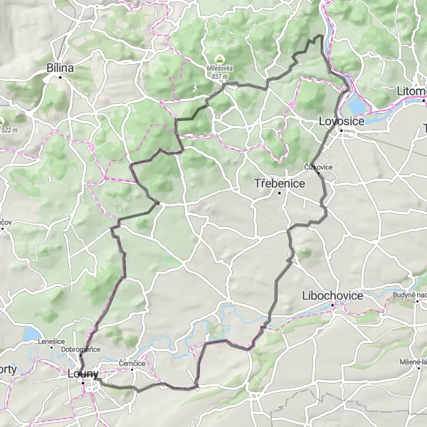 Map miniature of "Scenic Road Ride around Louny" cycling inspiration in Severozápad, Czech Republic. Generated by Tarmacs.app cycling route planner