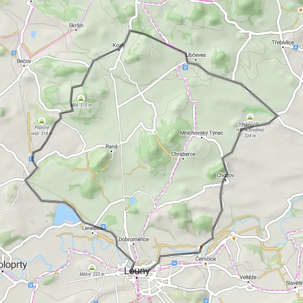 Mapa miniatúra "Přes kopce a údolí kousek od Loun" cyklistická inšpirácia v Severozápad, Czech Republic. Vygenerované cyklistickým plánovačom trás Tarmacs.app