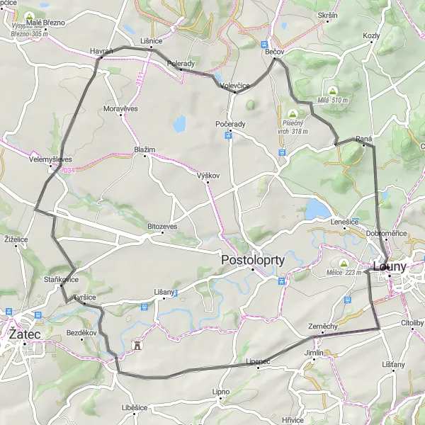 Map miniature of "Louny Road Route" cycling inspiration in Severozápad, Czech Republic. Generated by Tarmacs.app cycling route planner