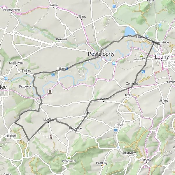 Mapa miniatúra "Louny - Postoloprty Road Cycling Route" cyklistická inšpirácia v Severozápad, Czech Republic. Vygenerované cyklistickým plánovačom trás Tarmacs.app