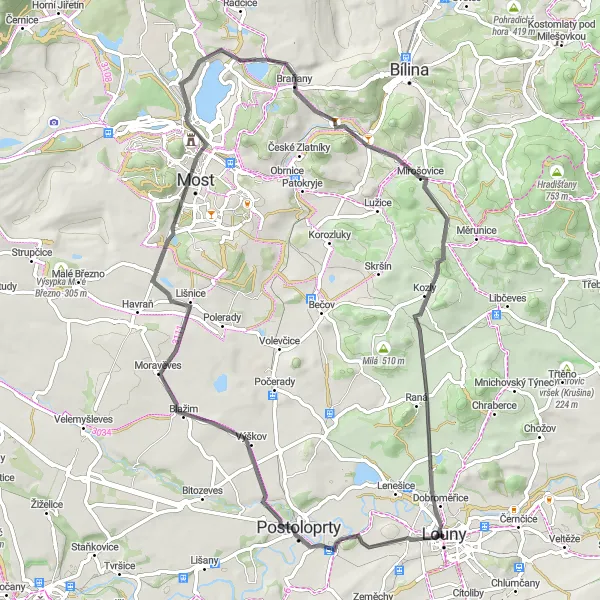 Map miniature of "Rolling Hills Road Loop from Louny" cycling inspiration in Severozápad, Czech Republic. Generated by Tarmacs.app cycling route planner