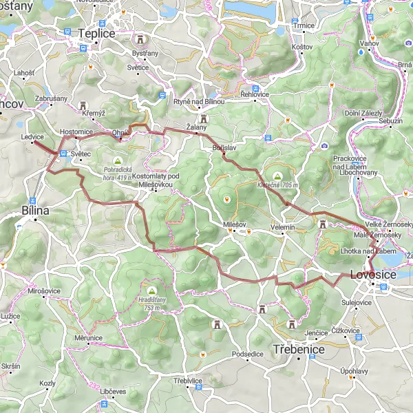 Miniaturní mapa "Gravelová cyklotrasa kolem Lovosic" inspirace pro cyklisty v oblasti Severozápad, Czech Republic. Vytvořeno pomocí plánovače tras Tarmacs.app