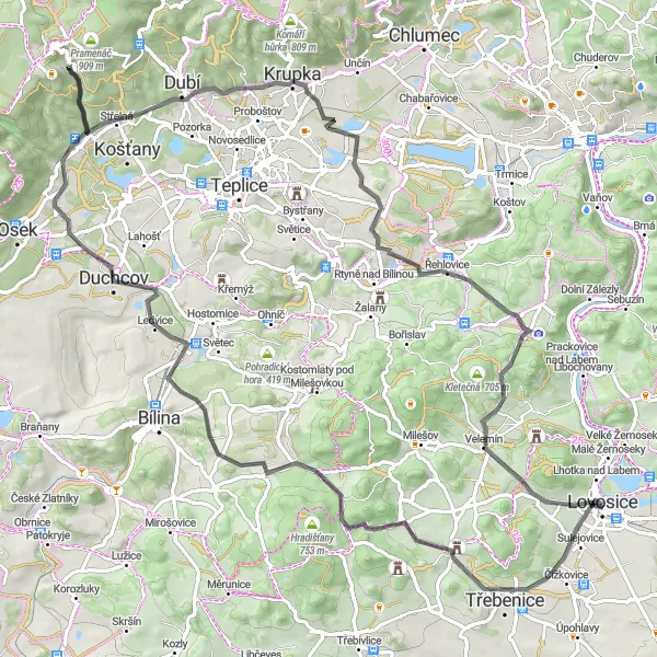 Map miniature of "Mountains and Castles Road Route" cycling inspiration in Severozápad, Czech Republic. Generated by Tarmacs.app cycling route planner
