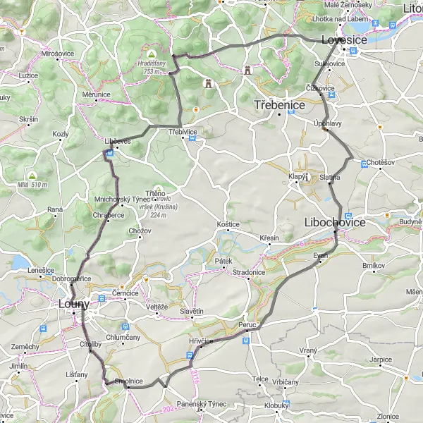 Miniaturní mapa "Road route from Lovosice to Lovosice through Lovošská Pískovna" inspirace pro cyklisty v oblasti Severozápad, Czech Republic. Vytvořeno pomocí plánovače tras Tarmacs.app