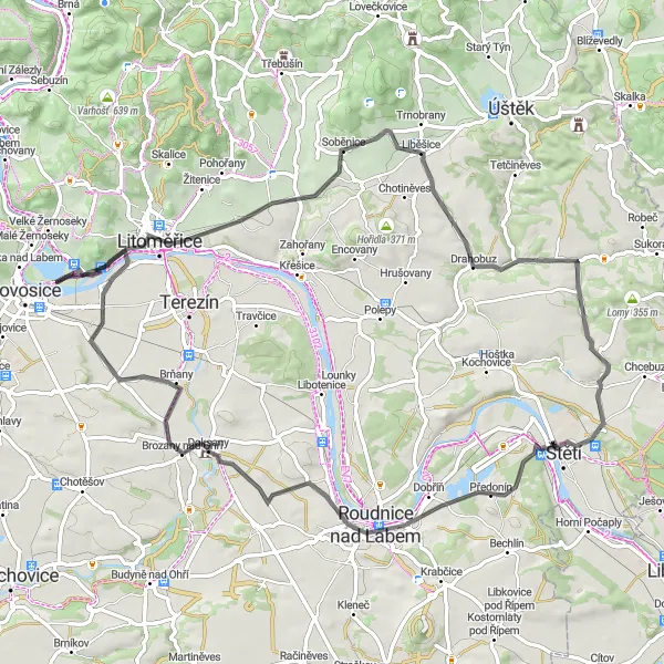 Mapa miniatúra "Cyklo cesta cez Žalhostice a Radobýl" cyklistická inšpirácia v Severozápad, Czech Republic. Vygenerované cyklistickým plánovačom trás Tarmacs.app