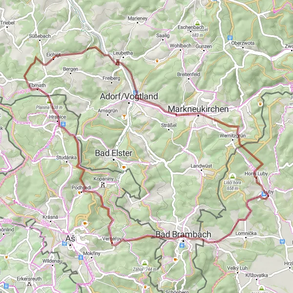 Miniaturní mapa "Cyklistická trasa Vřesový vrch a Hranice" inspirace pro cyklisty v oblasti Severozápad, Czech Republic. Vytvořeno pomocí plánovače tras Tarmacs.app