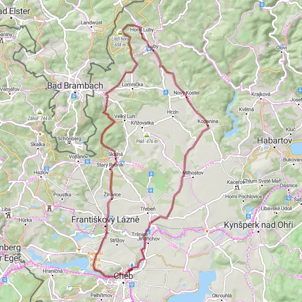 Miniaturní mapa "Gravel Trasa kolem Nového Kostela" inspirace pro cyklisty v oblasti Severozápad, Czech Republic. Vytvořeno pomocí plánovače tras Tarmacs.app