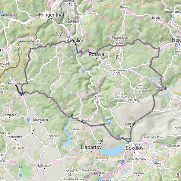 Miniaturní mapa "Okruh kolem Šindelové a Krajkové" inspirace pro cyklisty v oblasti Severozápad, Czech Republic. Vytvořeno pomocí plánovače tras Tarmacs.app