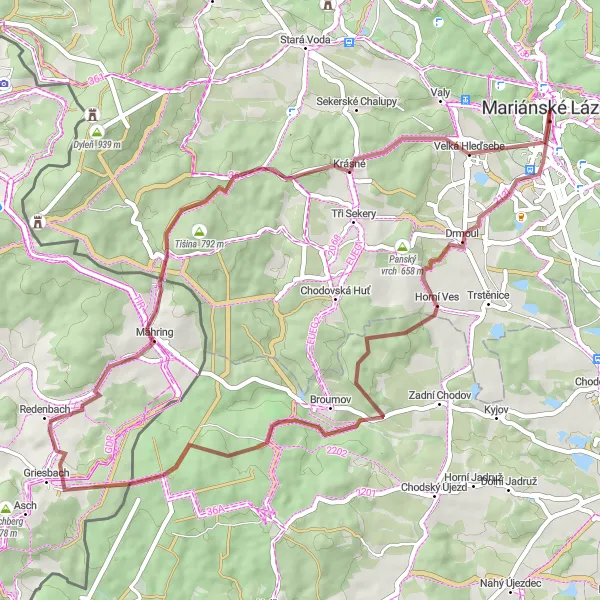 Mapa miniatúra "Gravel cyklotúra okolo Mariánských Lázní" cyklistická inšpirácia v Severozápad, Czech Republic. Vygenerované cyklistickým plánovačom trás Tarmacs.app