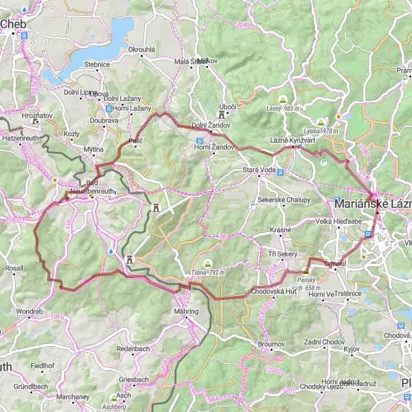 Miniaturní mapa "Challenging Gravel Ride to Suchý vrch" inspirace pro cyklisty v oblasti Severozápad, Czech Republic. Vytvořeno pomocí plánovače tras Tarmacs.app