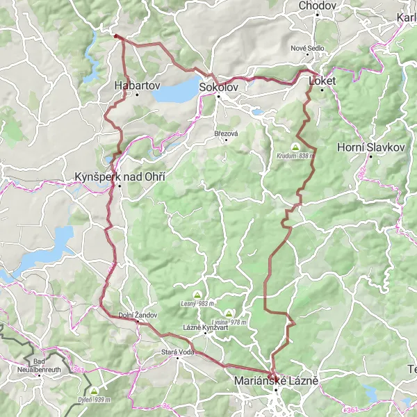 Miniaturní mapa "Gravel kolo okolo Mariánských Lázní" inspirace pro cyklisty v oblasti Severozápad, Czech Republic. Vytvořeno pomocí plánovače tras Tarmacs.app