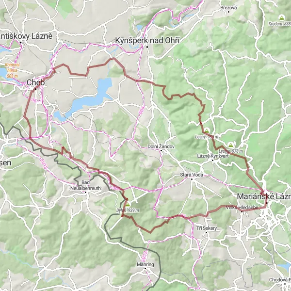 Mapa miniatúra "Náročná gravelová trasa na bicykli blízko Mariánských Lázní" cyklistická inšpirácia v Severozápad, Czech Republic. Vygenerované cyklistickým plánovačom trás Tarmacs.app