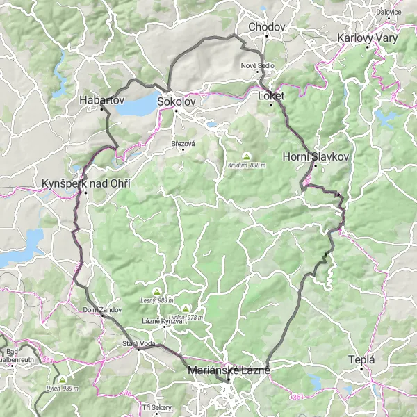 Karten-Miniaturansicht der Radinspiration "Zauberhafte Straßenroute um Mariánské Lázně" in Severozápad, Czech Republic. Erstellt vom Tarmacs.app-Routenplaner für Radtouren