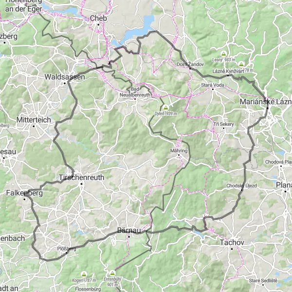 Map miniature of "Mariánské Lázně through Dolní Žandov" cycling inspiration in Severozápad, Czech Republic. Generated by Tarmacs.app cycling route planner