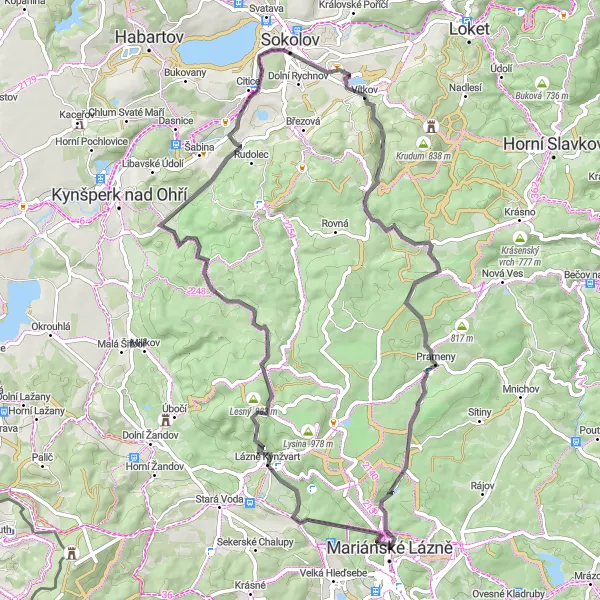 Mapa miniatúra "Okruh kolem Mariánských Lázní" cyklistická inšpirácia v Severozápad, Czech Republic. Vygenerované cyklistickým plánovačom trás Tarmacs.app