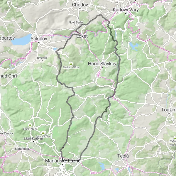 Miniatura mapy "Szlak rowerowy po drogach niedaleko Marianskych Lazni" - trasy rowerowej w Severozápad, Czech Republic. Wygenerowane przez planer tras rowerowych Tarmacs.app