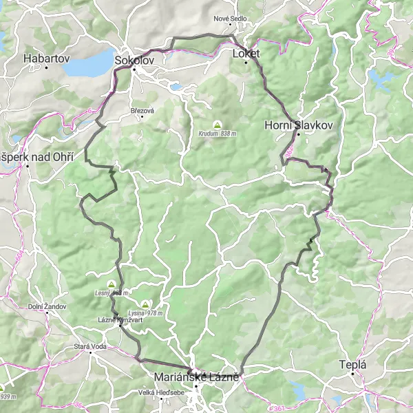 Miniaturní mapa "Road Cycling Adventure through Mariánské Lázně Region" inspirace pro cyklisty v oblasti Severozápad, Czech Republic. Vytvořeno pomocí plánovače tras Tarmacs.app