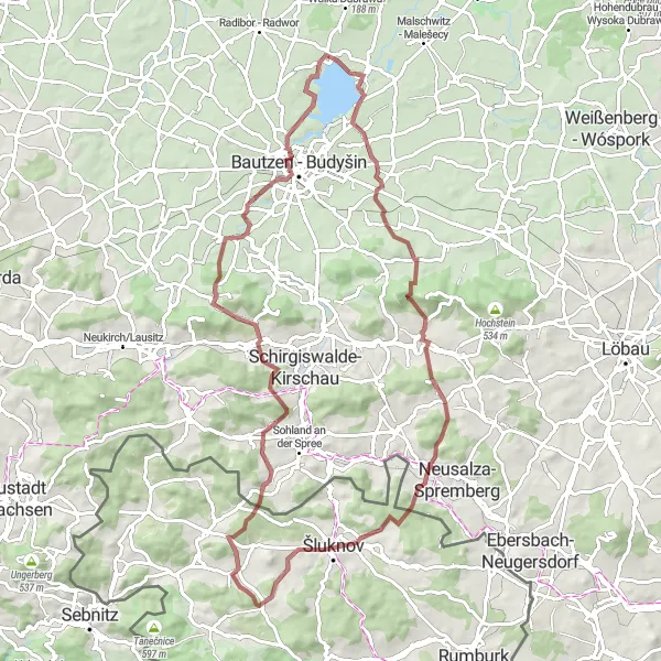 Miniaturní mapa "Gravel Road to the Czech-German Border" inspirace pro cyklisty v oblasti Severozápad, Czech Republic. Vytvořeno pomocí plánovače tras Tarmacs.app