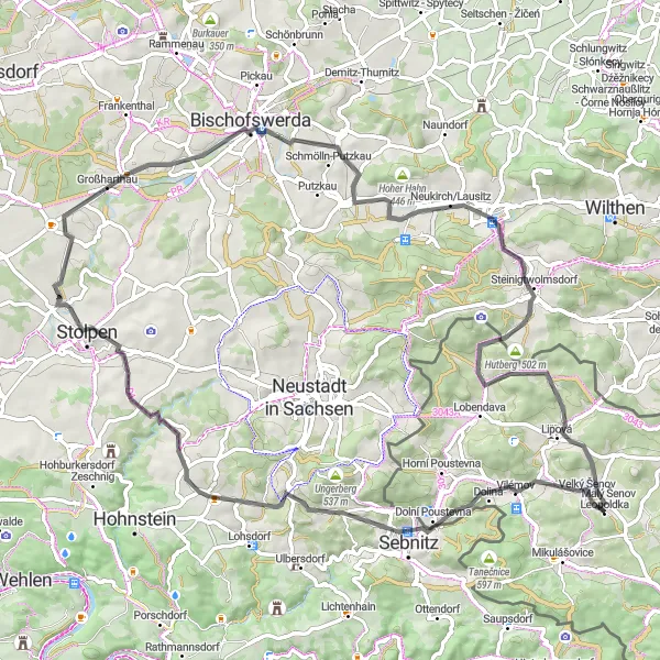 Miniaturní mapa "Silnicí cyklotrasa z Mikulášovic" inspirace pro cyklisty v oblasti Severozápad, Czech Republic. Vytvořeno pomocí plánovače tras Tarmacs.app