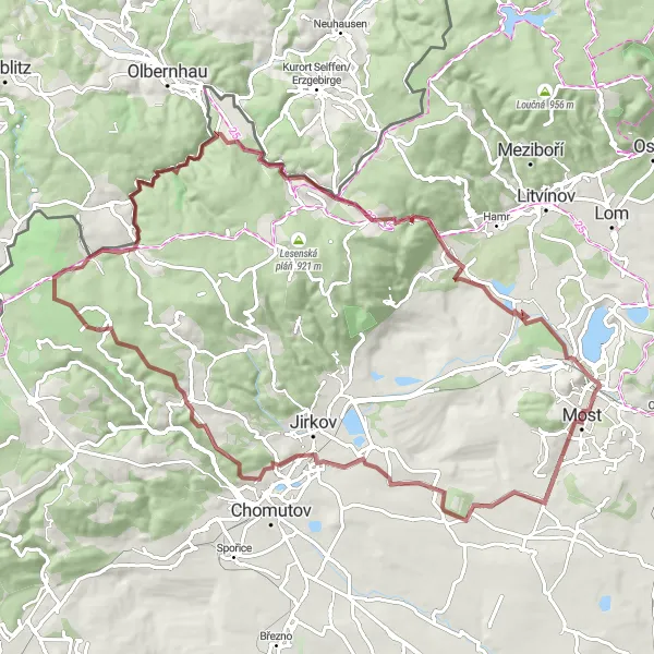 Miniaturní mapa "Adventurous Gravel Route via Jelení vrch" inspirace pro cyklisty v oblasti Severozápad, Czech Republic. Vytvořeno pomocí plánovače tras Tarmacs.app