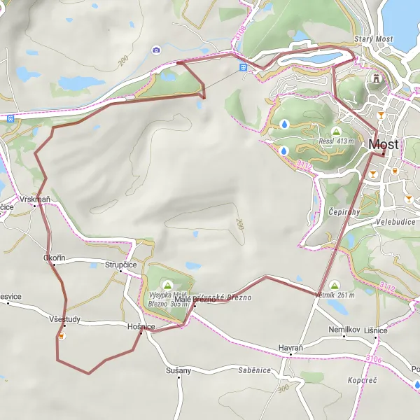 Mapa miniatúra "Gravel Větrník a Komořany okruh" cyklistická inšpirácia v Severozápad, Czech Republic. Vygenerované cyklistickým plánovačom trás Tarmacs.app