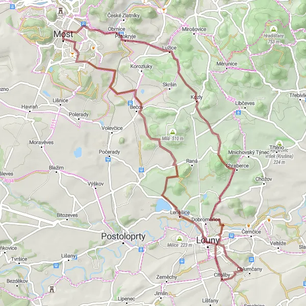 Miniaturní mapa "Challenging Gravel Route to Kozly" inspirace pro cyklisty v oblasti Severozápad, Czech Republic. Vytvořeno pomocí plánovače tras Tarmacs.app