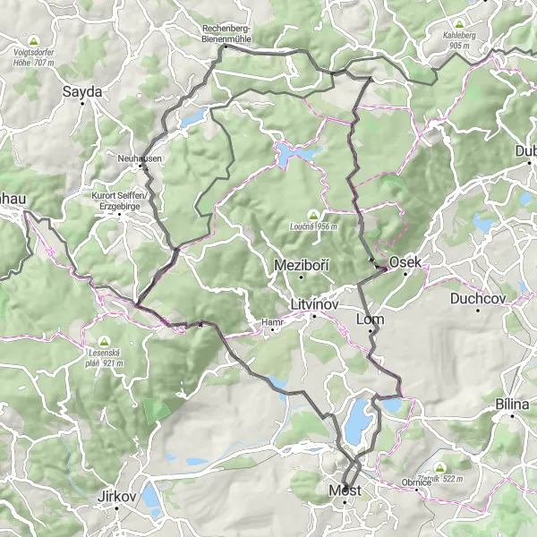 Mapa miniatúra "Okruh kolem Mostu přes Kopřivník a Červený vrch" cyklistická inšpirácia v Severozápad, Czech Republic. Vygenerované cyklistickým plánovačom trás Tarmacs.app