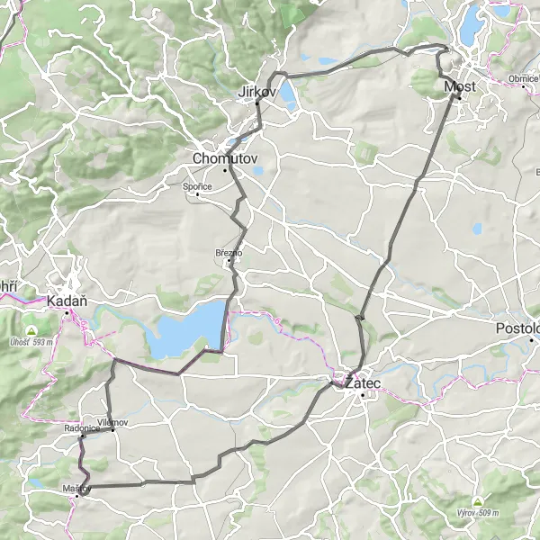 Map miniature of "Picturesque road cycling loop near Most" cycling inspiration in Severozápad, Czech Republic. Generated by Tarmacs.app cycling route planner