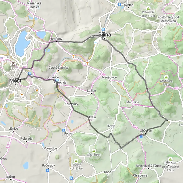 Karten-Miniaturansicht der Radinspiration "Rundreise durch die malerische Landschaft von Most" in Severozápad, Czech Republic. Erstellt vom Tarmacs.app-Routenplaner für Radtouren