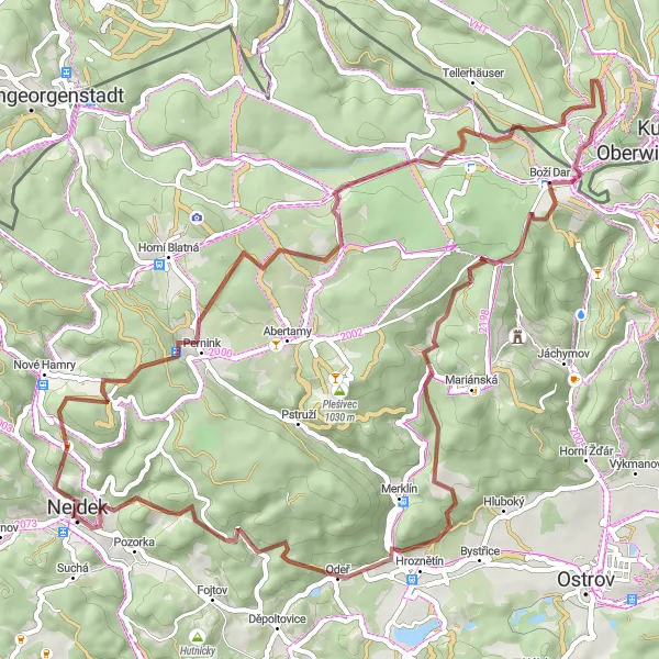 Mapa miniatúra "Trasa cez Šumavu a Krušné hory" cyklistická inšpirácia v Severozápad, Czech Republic. Vygenerované cyklistickým plánovačom trás Tarmacs.app