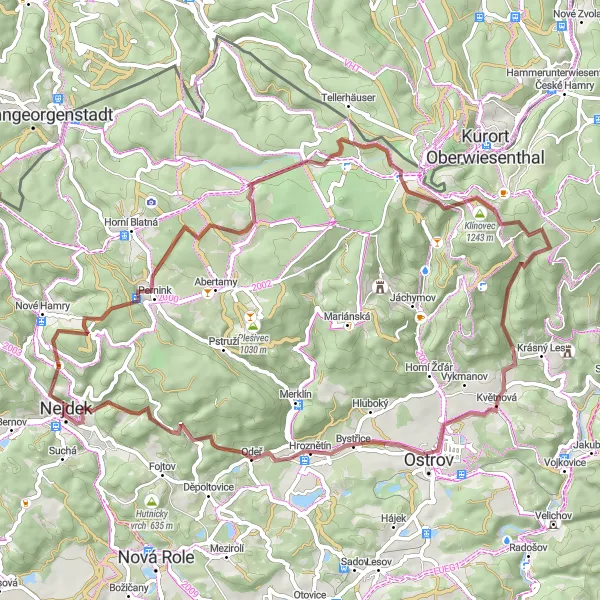 Miniaturní mapa "Gravel Nejdek - Rajmanova vyhlídka loop" inspirace pro cyklisty v oblasti Severozápad, Czech Republic. Vytvořeno pomocí plánovače tras Tarmacs.app