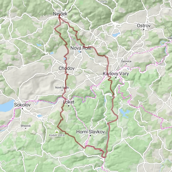 Mapa miniatúra "Gravel okolo Nejdku" cyklistická inšpirácia v Severozápad, Czech Republic. Vygenerované cyklistickým plánovačom trás Tarmacs.app
