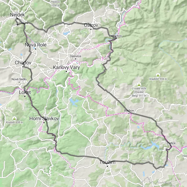 Karten-Miniaturansicht der Radinspiration "Herausfordernde Straßenfahrt um Nejdek" in Severozápad, Czech Republic. Erstellt vom Tarmacs.app-Routenplaner für Radtouren