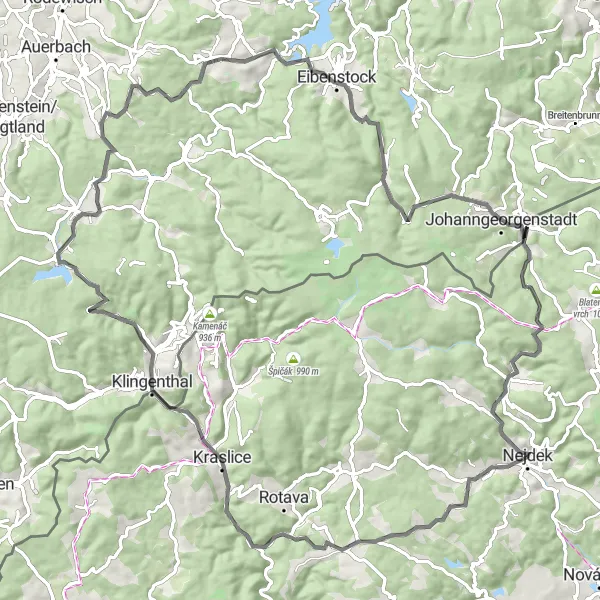 Map miniature of "Nejdek to Nejdek via Bernov and Carolagrun" cycling inspiration in Severozápad, Czech Republic. Generated by Tarmacs.app cycling route planner