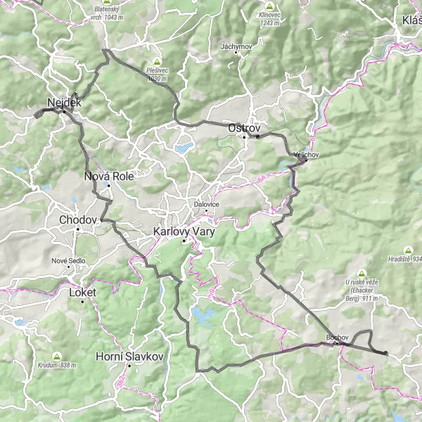 Mapa miniatúra "Okruh kolem Bernov" cyklistická inšpirácia v Severozápad, Czech Republic. Vygenerované cyklistickým plánovačom trás Tarmacs.app