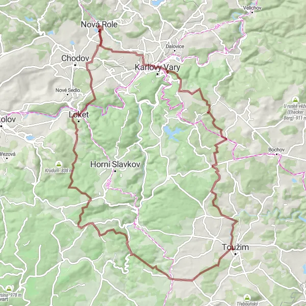 Mapa miniatúra "Gravelový výlet do Lokte" cyklistická inšpirácia v Severozápad, Czech Republic. Vygenerované cyklistickým plánovačom trás Tarmacs.app