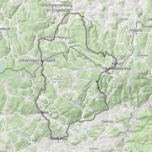 Miniaturní mapa "Silniční trasa Nejdek a kolem Dvorského vrchu" inspirace pro cyklisty v oblasti Severozápad, Czech Republic. Vytvořeno pomocí plánovače tras Tarmacs.app