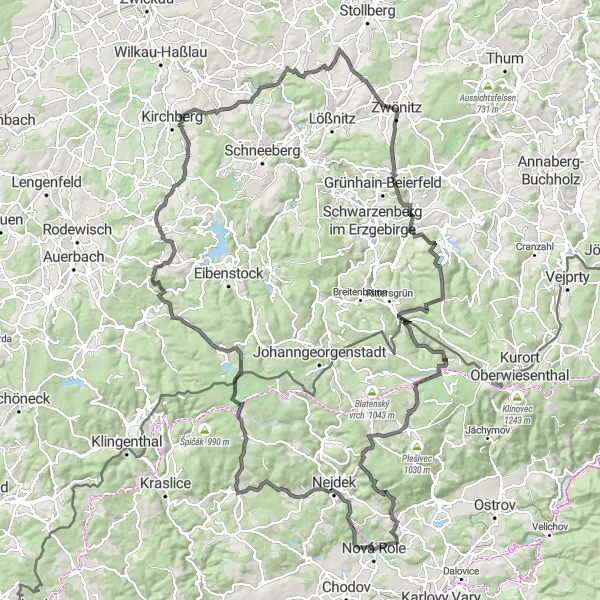 Miniaturní mapa "Cyklotrasa od Nové Role" inspirace pro cyklisty v oblasti Severozápad, Czech Republic. Vytvořeno pomocí plánovače tras Tarmacs.app