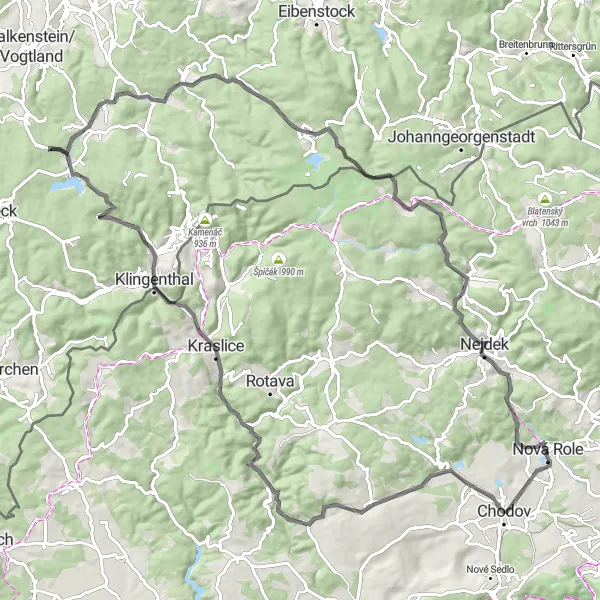 Mapa miniatúra "Cyklistická cesta k okolitým vrcholom" cyklistická inšpirácia v Severozápad, Czech Republic. Vygenerované cyklistickým plánovačom trás Tarmacs.app