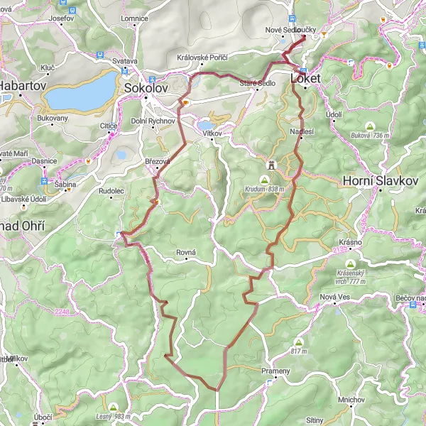 Karten-Miniaturansicht der Radinspiration "Gravel Tour um Nové Sedlo und Kostelní Bříza" in Severozápad, Czech Republic. Erstellt vom Tarmacs.app-Routenplaner für Radtouren