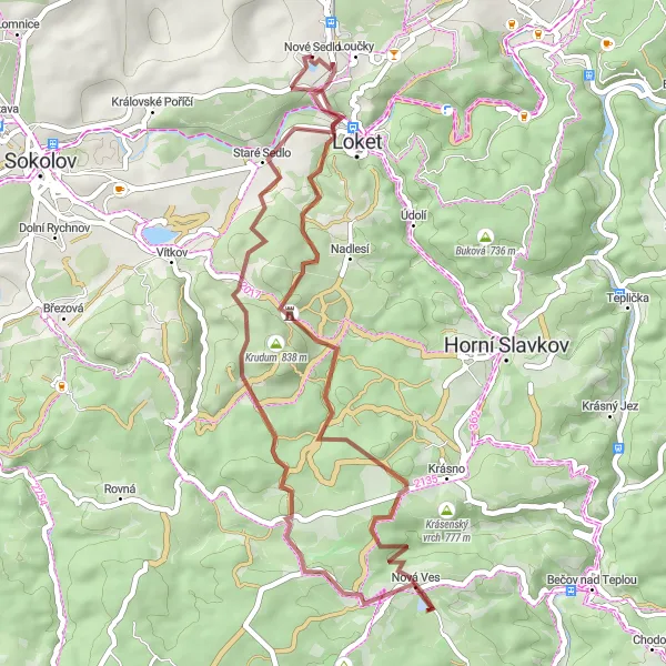 Mapa miniatúra "Gravelová cyklotrasa cez Krudum a Loket" cyklistická inšpirácia v Severozápad, Czech Republic. Vygenerované cyklistickým plánovačom trás Tarmacs.app