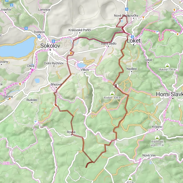 Miniaturní mapa "Gravelový okruh kolem Nového Sedla" inspirace pro cyklisty v oblasti Severozápad, Czech Republic. Vytvořeno pomocí plánovače tras Tarmacs.app