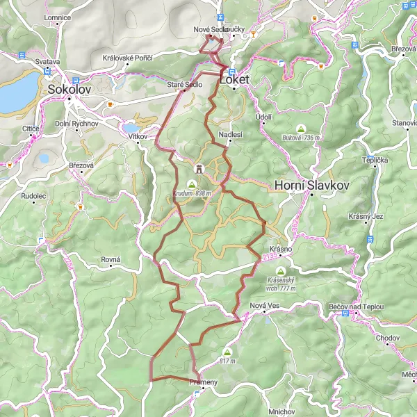 Miniaturní mapa "Gravelová cyklotrasa Nové Sedlo - Prameny" inspirace pro cyklisty v oblasti Severozápad, Czech Republic. Vytvořeno pomocí plánovače tras Tarmacs.app