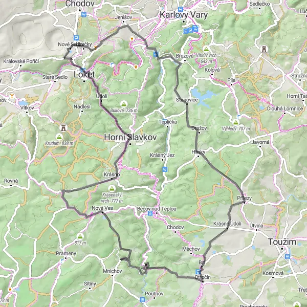 Mapa miniatúra "Road cez prírodu" cyklistická inšpirácia v Severozápad, Czech Republic. Vygenerované cyklistickým plánovačom trás Tarmacs.app