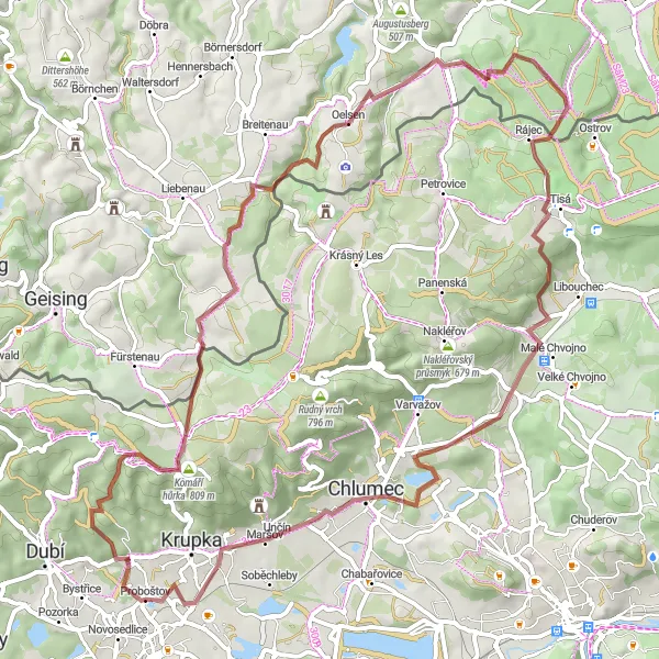 Miniaturní mapa "Demanding Gravel Circuit around Novosedlice" inspirace pro cyklisty v oblasti Severozápad, Czech Republic. Vytvořeno pomocí plánovače tras Tarmacs.app